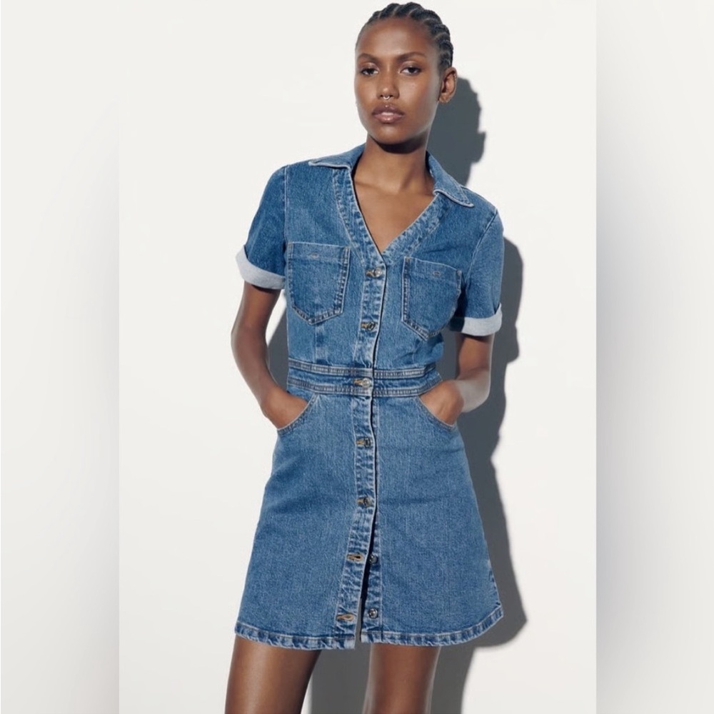 NWT Zara Blue Denim Short-Sleeve Button-Front Mini Dress